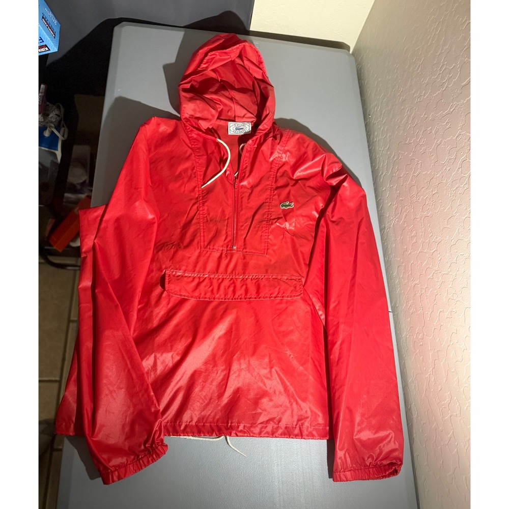 Vintage Izod Lacoste Mens Red Nylon Anorak Windbreaker Hooded Pullover Jacket L